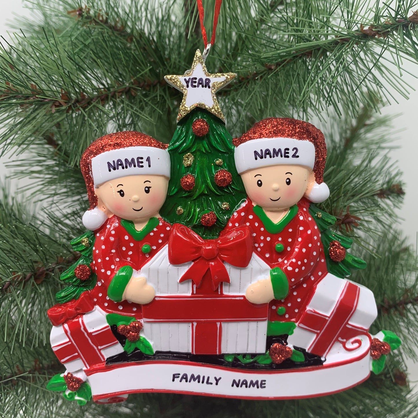 Opening Presents Family Ornament - Family of 2 3 4 5 6 - Custom Handwritten - Family of 5