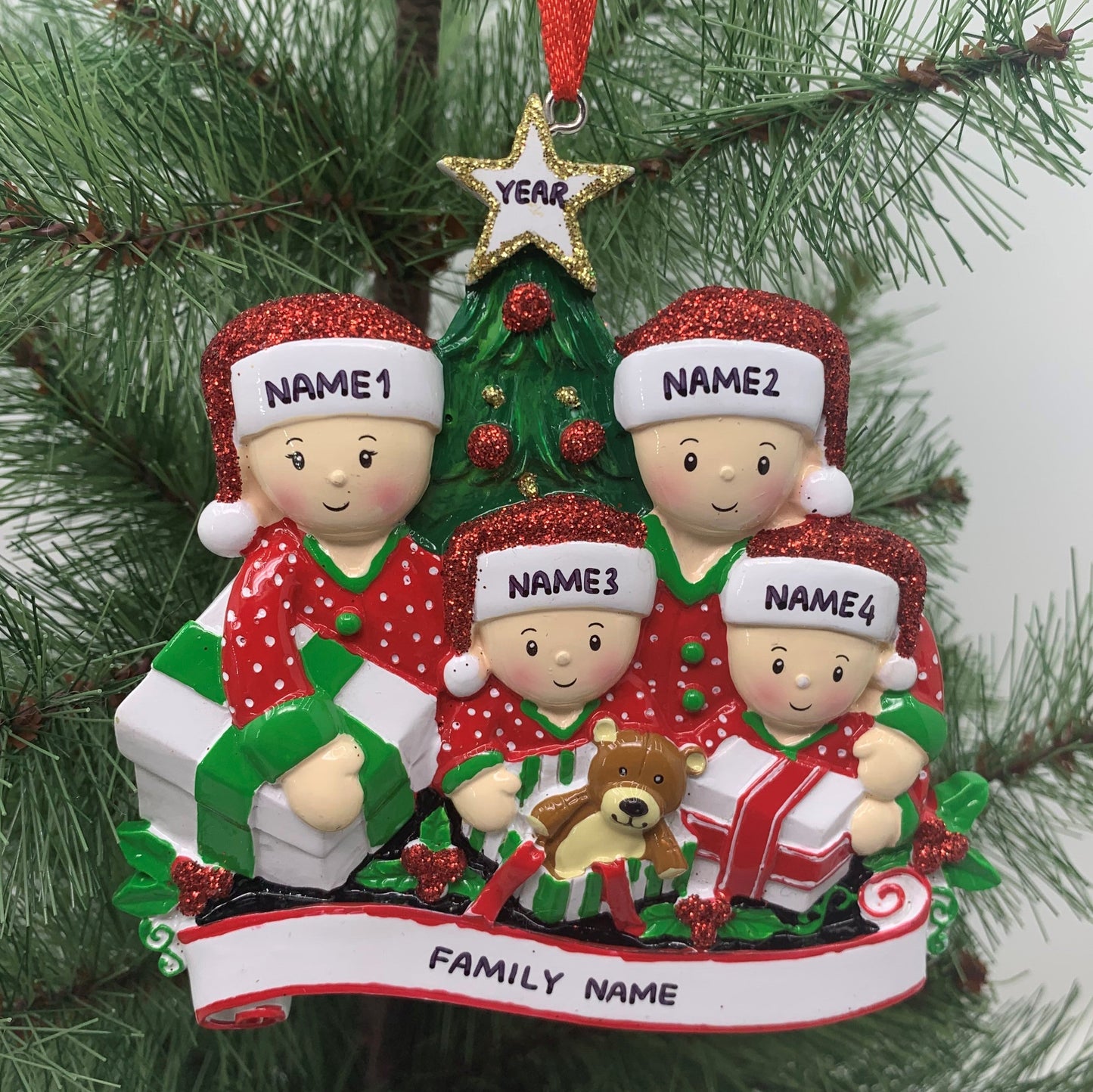 Opening Presents Family Ornament - Family of 2 3 4 5 6 - Custom Handwritten - Family of 6