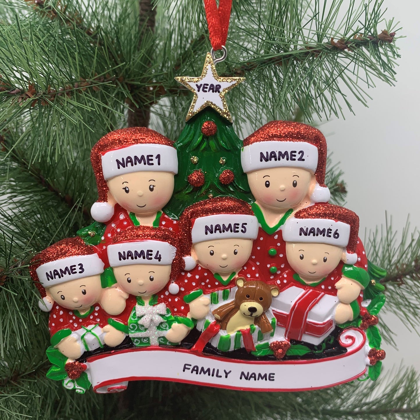 Opening Presents Family Ornament - Family of 2 3 4 5 6 - Custom Handwritten - Family of 5